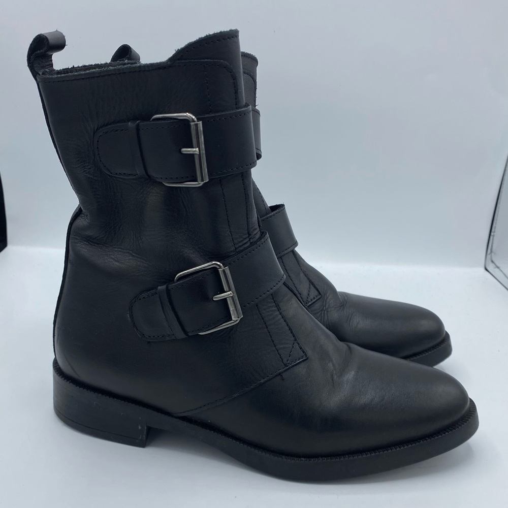 Emanuele Crasto Double Buckle Leather Moto Black Boots Size US‎ 7 EUR 37